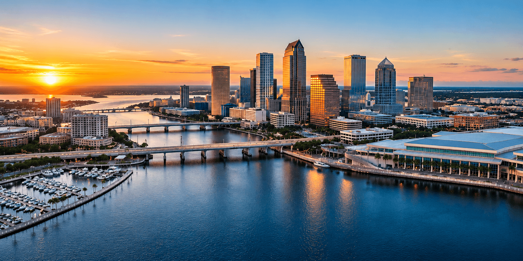 Aerial view of downtown Tampa, Florida and the waterfront skyline at sunset